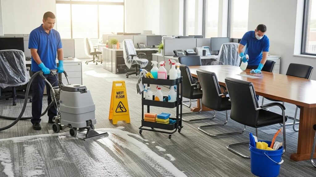 Deep cleaning process in an office with a cleaner shampooing carpet and sanitizing surfaces