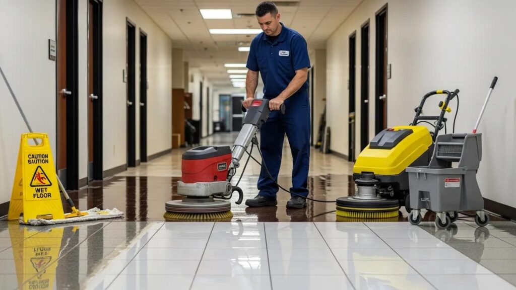 Janitorial professional performing floor stripping and waxing in a commercial space