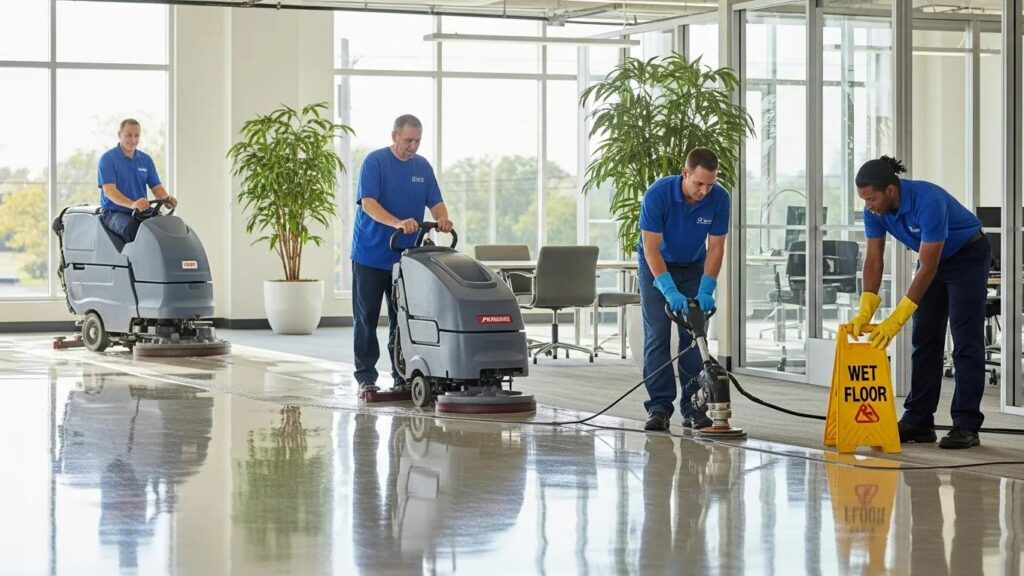Professional cleaning team maintaining commercial floors in a bright, inviting environment