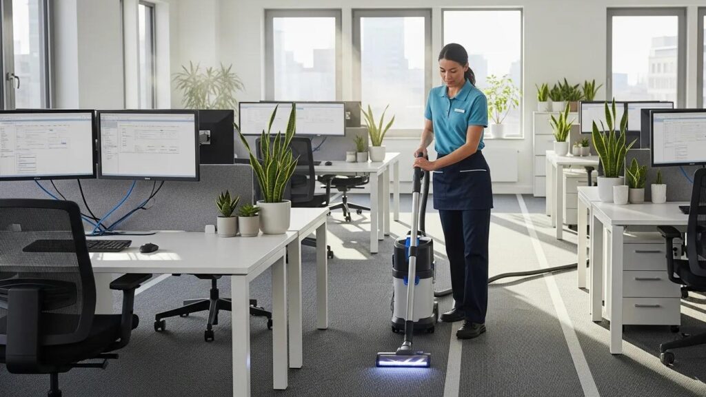 Professional office cleaning scene with a cleaner vacuuming in a modern workspace
