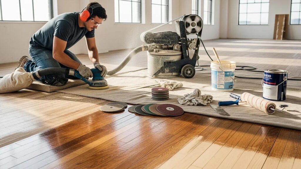 Technician restoring a hardwood floor in a commercial setting