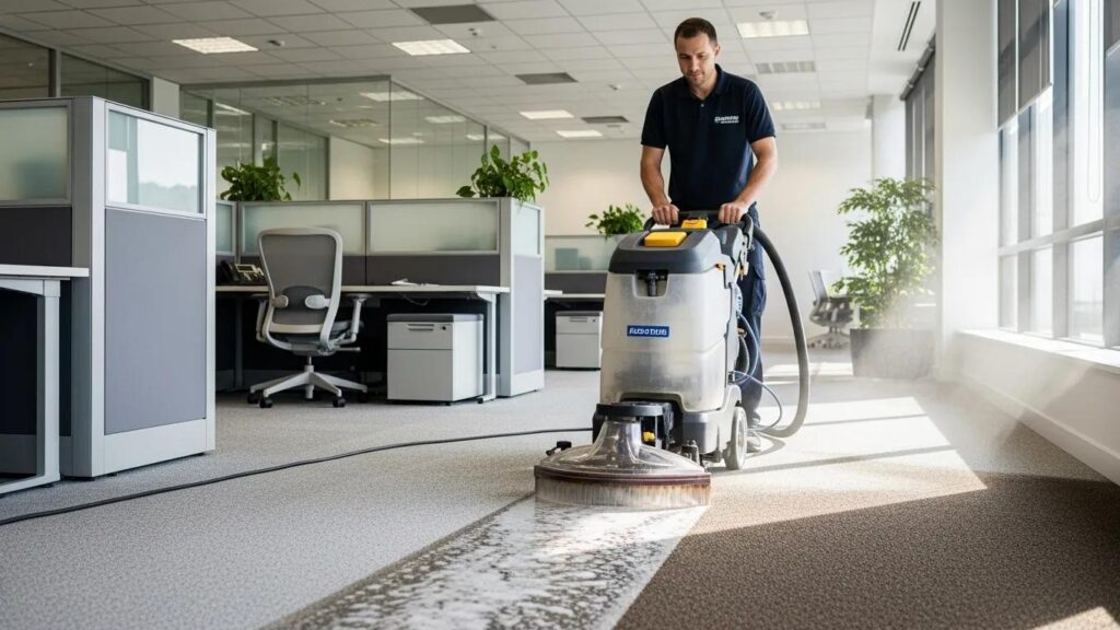 Technician using a carpet cleaning machine in a well-maintained commercial office