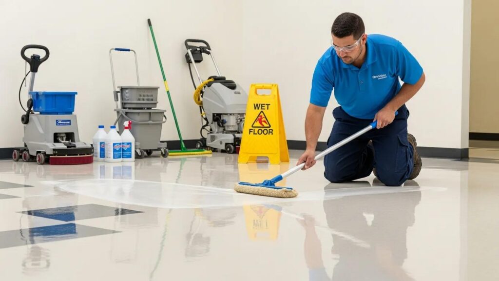 Worker applying fresh wax to a polished commercial floor during strip and wax service